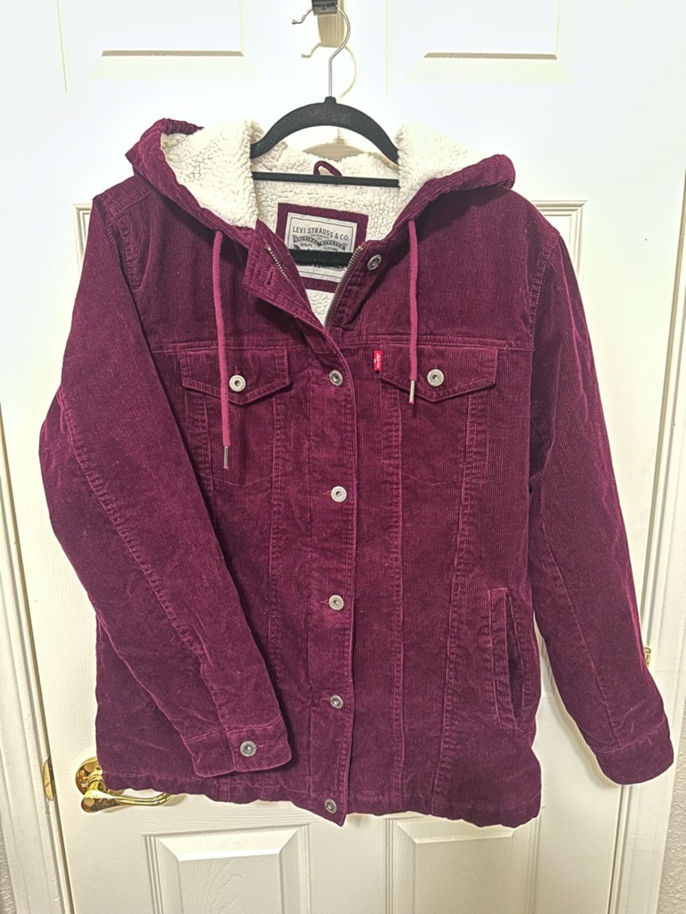 Vintage Levi's Women's Deep Burgundy Corduroy Sherpa-Lined Hooded Jacket